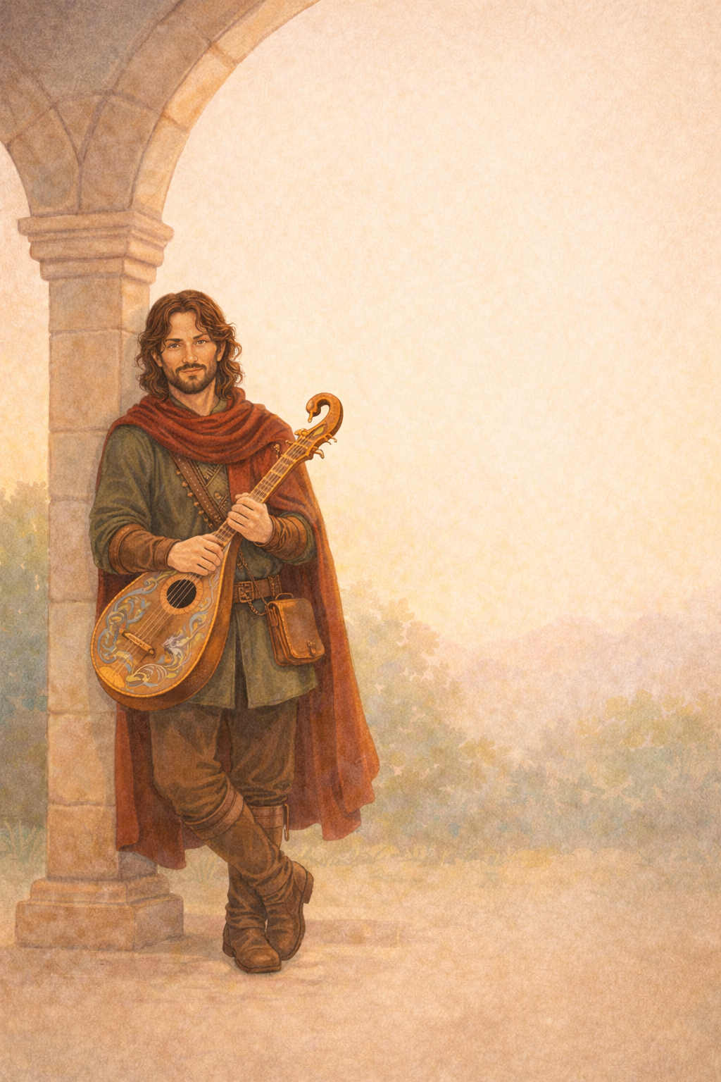 Ozan, the bard, resting against a stone arch with his lute